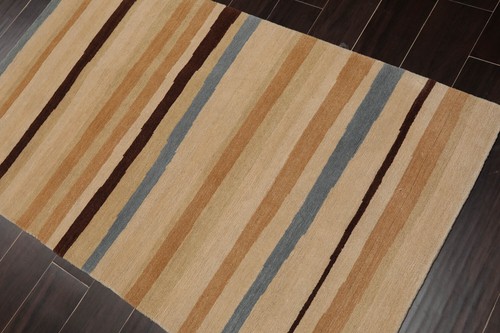 3x5 Hand-Knotted Contemporary Striped Tibetan Wool Area Rug Beige - Picture 4 of 8
