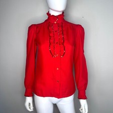 Vintage 1970s Red High Neck Blouse Ruffles Sequin Trim 70s Disco Shirt Top