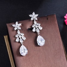 Women Bride Earrings Water Drop Dangle Flower Cubic Zircon Silver Plated Jewelry