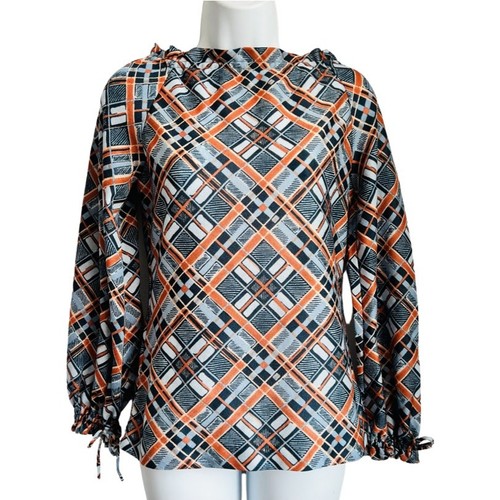 Vintage 70s Ruffle Boat Neck Long Sleeve Top Diamond Blue Orange White sz S / M