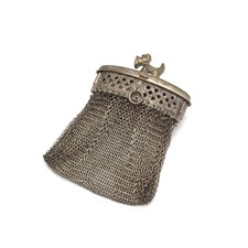 Antike Netztasche M&uuml;nzbeutel Art Deco Terrier Hund Kettenhemd Silber Tasche Rar