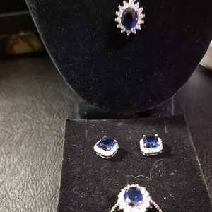 925 Silver Blue Oval Sapphire & Moissanite Necklace Earrings & Adjustable Ring