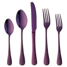 Purple Silverware Set 20 Piece Premium 18/8 Stainless Steel Hammered Kitchen
