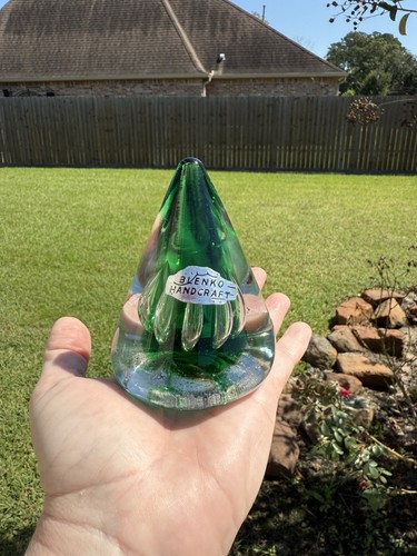 BLENKO GLASS PAPERWEIGHT GREEN SWIRLS SPACE AGE MID CENTURY MODERN LABEL RARE - Picture 5 of 7