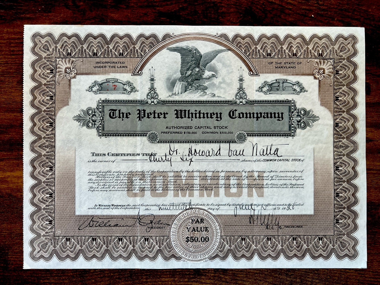 1928 Peter Whitney Company Stock Certificate • 100 Shares • Common • Eagle Vint