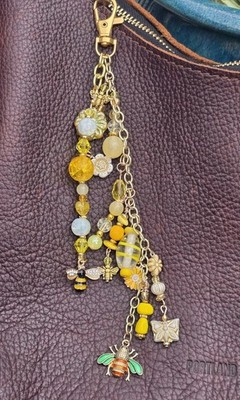 Beaded yellow and gold toned Bee and Flower Bag Charm