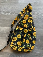 Sunflower Print Black Canvas Sling Crossbody Bag Purse Adjustable Strap CLEAN