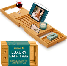 Bamboo Bathtub Caddy Tray - Adjustable Wood Bath Organizer with Wine Holder