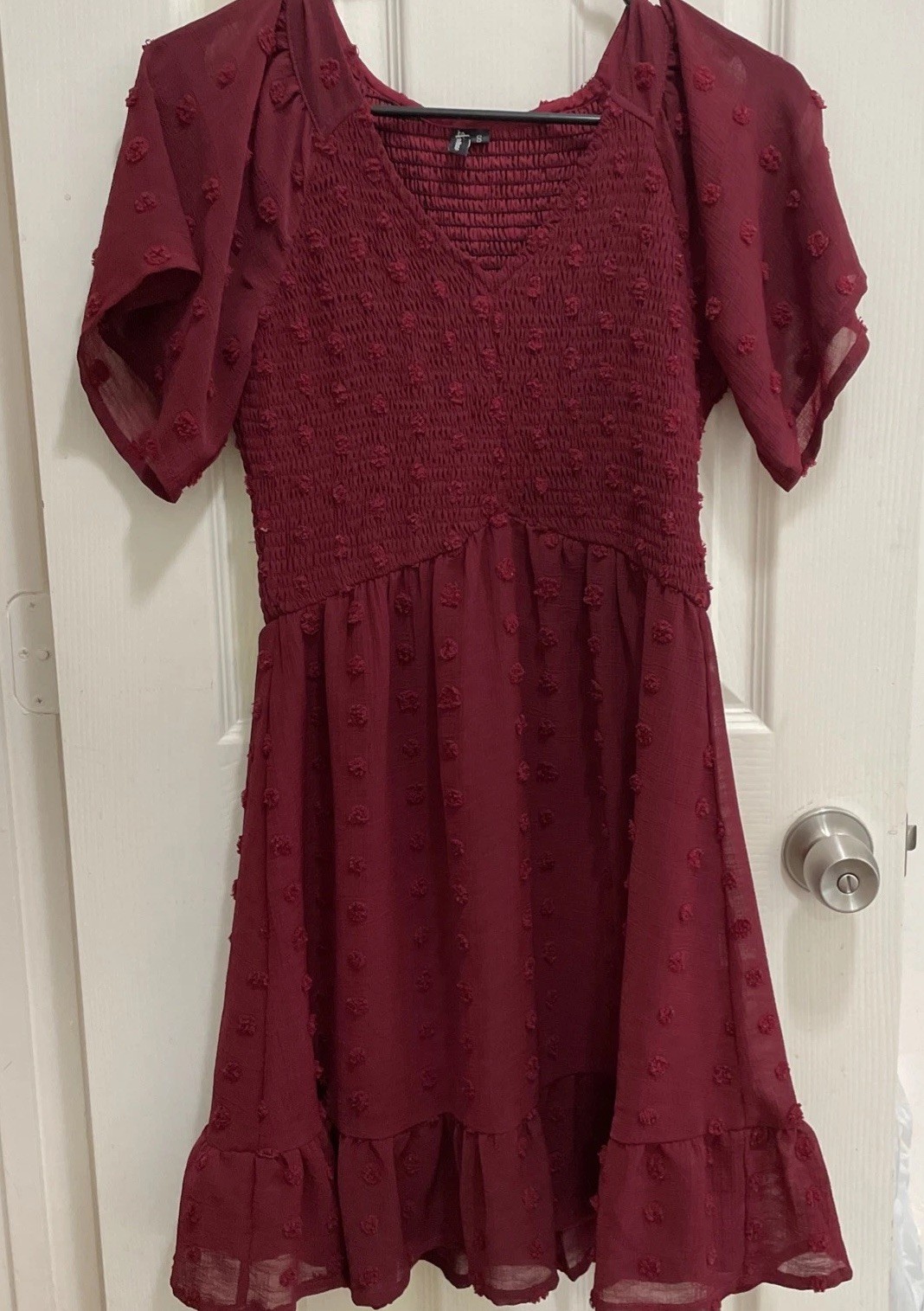 Zattcas Women's Burgundy Short sleeve dress Short sheer Swiss dot  Smocked Small