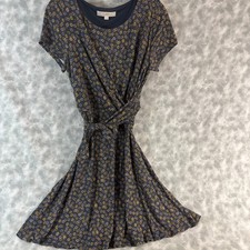 LOFT Women's Dress Large Blue Mustard Print Faux Wrap Fit & Flare Stretch Midi