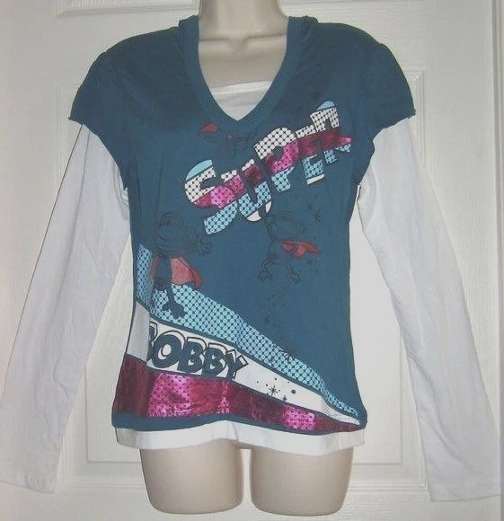 Teens Girls Vintage Rare Hooded Double Slvs Super Bobby Jack Shirt Top Sz 14-16 - Image 2 of 4