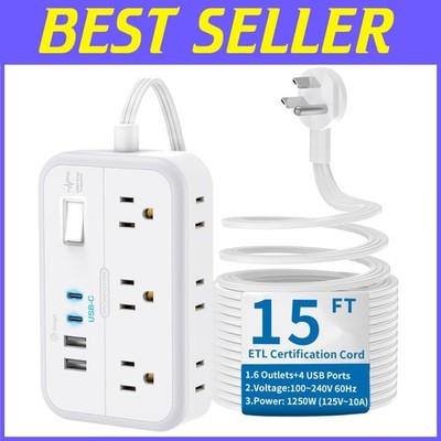 15ft Surge Protector Power Strip, 6 Outlets 4 USB, Flat Plug