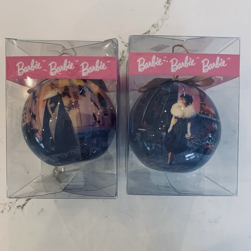 Set Of Two Barbie Christmas Holiday Ornaments Round Plastic New In Box - Picture 10 of 11