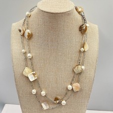 Vintage Mother of Pearl Shell Pearl Double Strand Layered Necklace Boho Cream