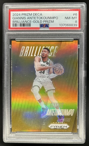 2024-25 Prizm Deca Giannis Antetokounmpo Brilliance Gold Prizm #/10 PSA 8