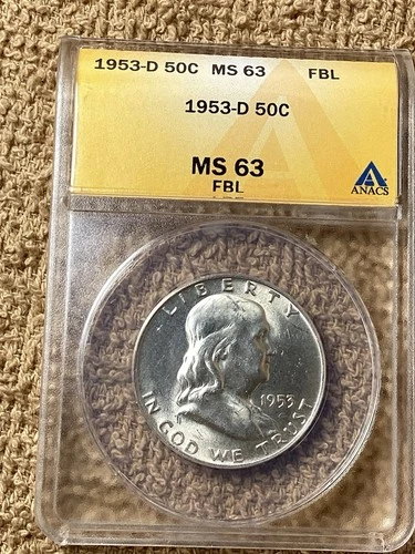 1953 D 50c ANACS MS63 FBL. Free Shipping. (3832)