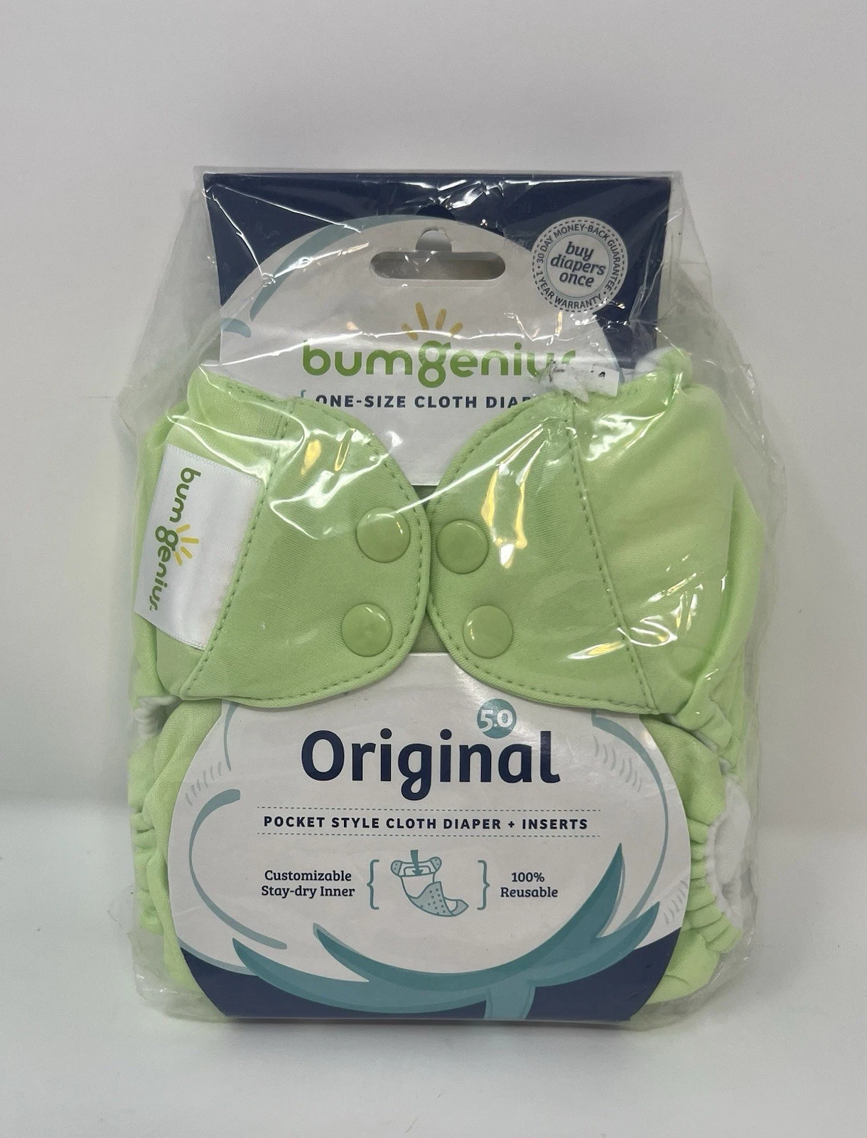NEW BumGenius Original Pocket Style Cloth Diaper + Inserts Grasshopper Green New