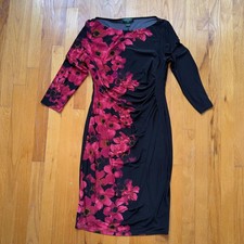 Lauren Ralph Lauren Dress 10 Black Pink Floral Ruched Sheath Midi Old Money