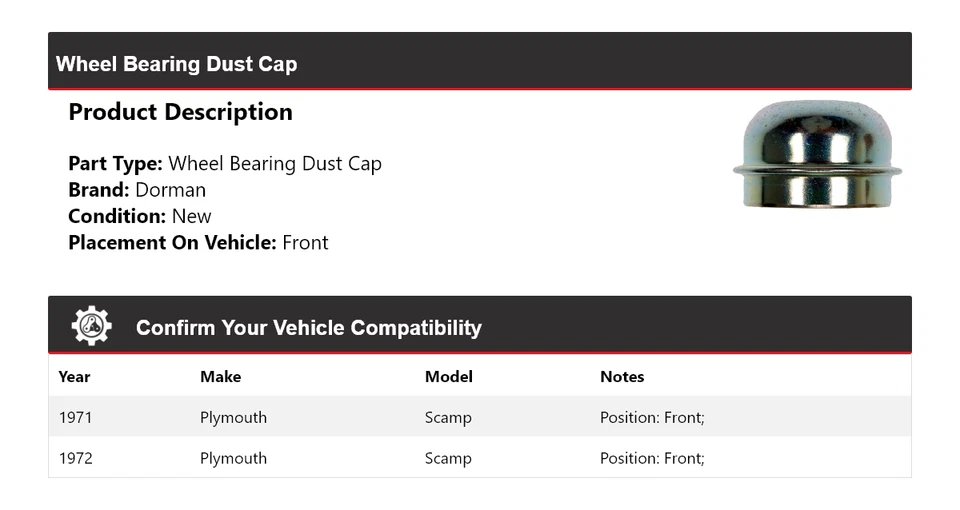 Tapón antipolvo delantero para cojinete de rueda Plymouth Scamp Dorman 1971-1972 Foto 2 de 4