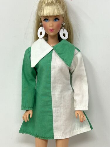 Vintage Barbie Clothes Clone Doll Outfit Mod Era Mini Dress Green And White - Picture 1 of 8