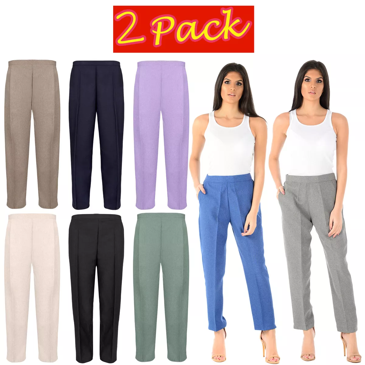 2 PACK LADIES HALF ELASTICATED TROUSERS WOMENS STRETCH WAIST WORK OFFICE  PANTS