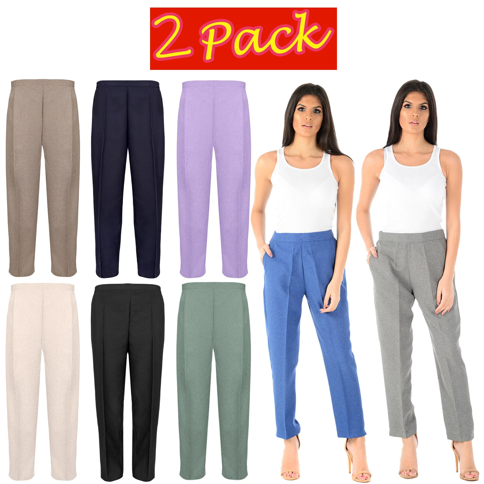 2 PACK LADIES HALF ELASTICATED TROUSERS WOMENS STRETCH WAIST WORK OFFICE PANTS
Opens in a new window