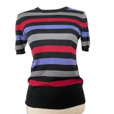 Field Manor Modern Classics Crew Neck Striped Silk Knit Short Sleeve Sweater Sm