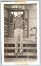 B W Snapshot Photos 3 Soldiers Posing in front of "Area Engineer" WW2