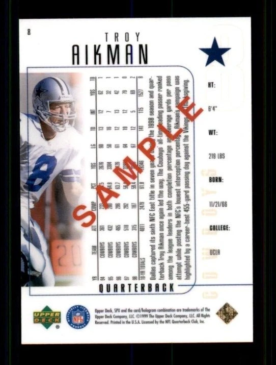1999 SPx #S8 Troy Aikman Sample. - Image 2 of 2