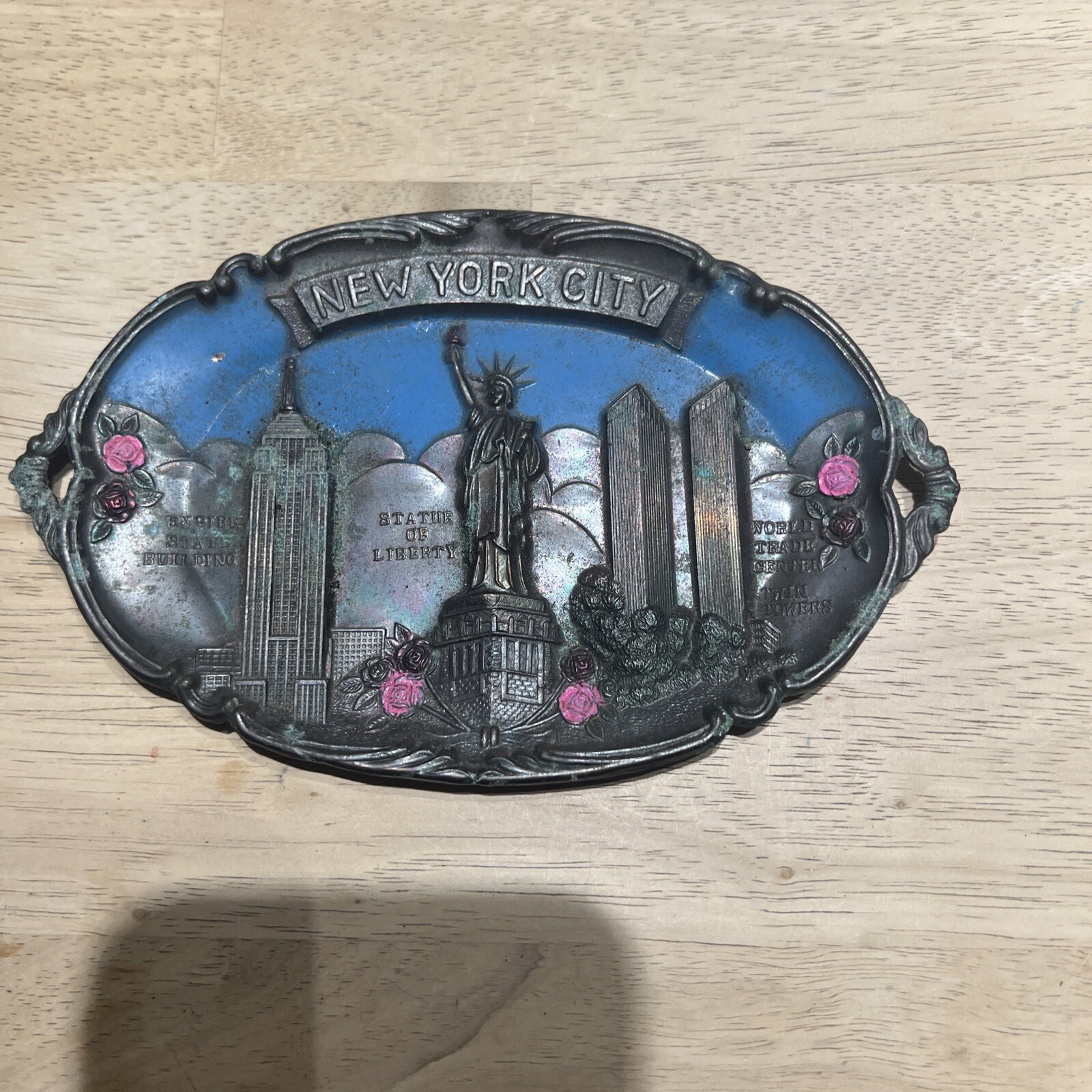 Vintage Souvenir Dish New York City Statue of Liberty Twin Towers metal