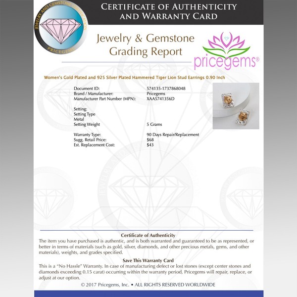 Alternate view of Gold Plated 925 Silver Plated Hammered Tiger Lion Stud Earrings 0.90 Inch