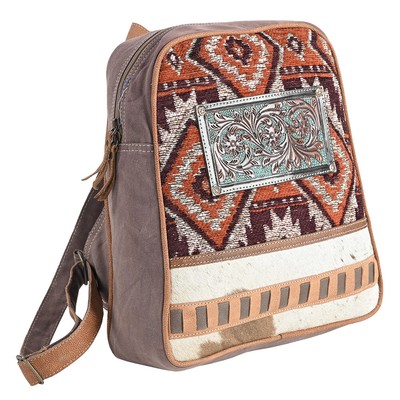 OH OHLAY OHV312 Backpack Hand Tooled Upcycled Canvas Hair-On Genuine Leather