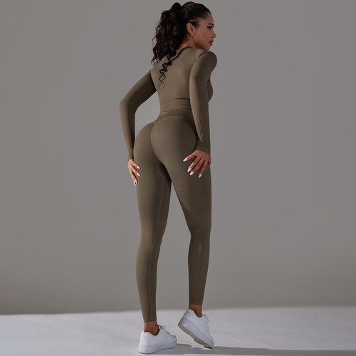 Women's Workout Sets Seamless Leggings Long sleeve Crop Tops Outfits Tracksuits - Picture 10 of 74