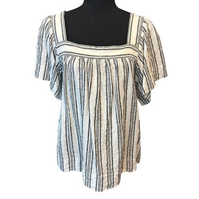 Loft Women Striped Square Neck Blouse Flutter Sleeve Linen Blend M Boho Milkmaid