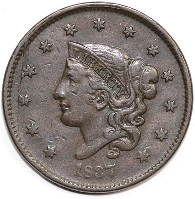 1837 1c N-2 Coronet or Matron Head Large Cent