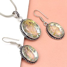 Rutile  Golden Set Earring Jewelry 18-20'' Pendant Quartz Sterling