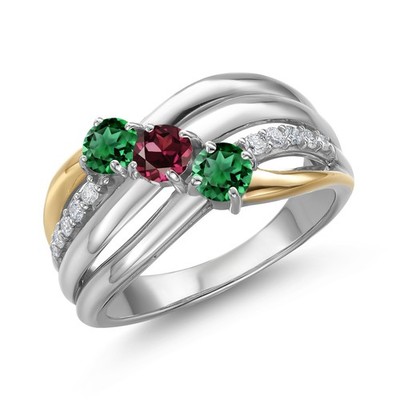 925 Silver and 10K Yellow Gold Nano Emerald and Rhodolite Garnet and Lab Grown