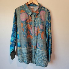 Natural Life Size M Cotton Teal Floral Lightweight Button Down Tunic Top