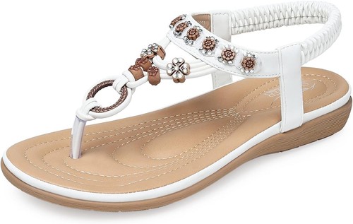 SHIBEVER Womens Sandals Summer Bohemian Flat Shoes 8.5, 1802-white