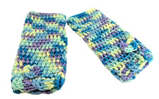 Handmade Fingerless Gloves Texting Crochet  Blue Green Yellow Mix  7" Long