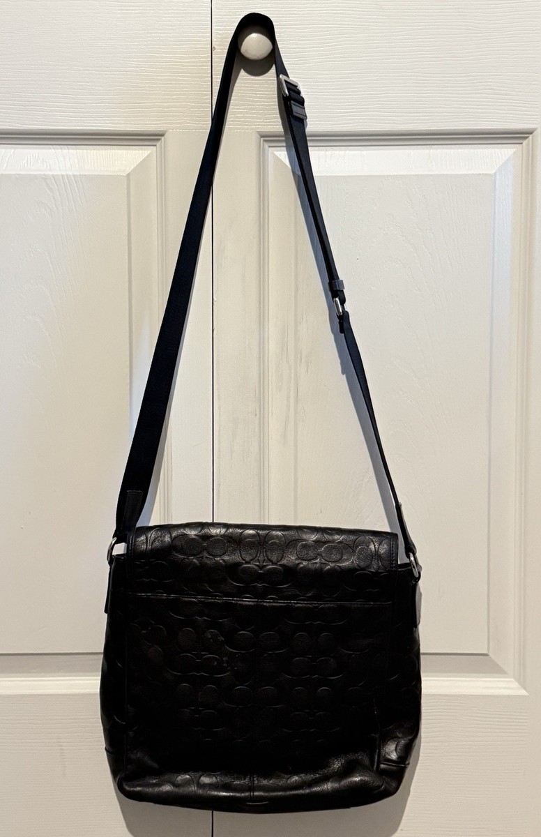Coach Black Embossed Leather Messenger Bag Adjustable Strap 