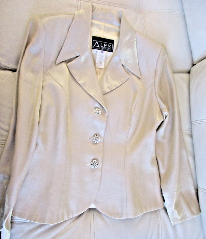 VTG - Gold Skirt Suit with Crystal Buttons by Alex Evenings - Size P/6 (Small)
