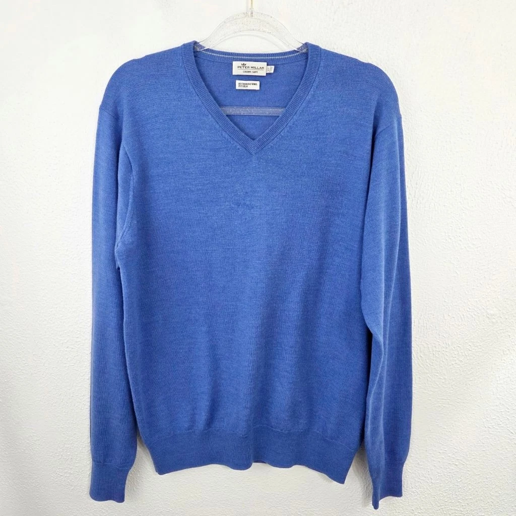 Peter Millar crown soft v-neck sweater blue merino wool silk men's size large L