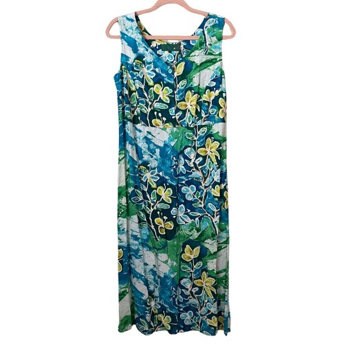 Jams World Dress Womens Medium Blue Green Watercolor Floral Midi Beach Tropical