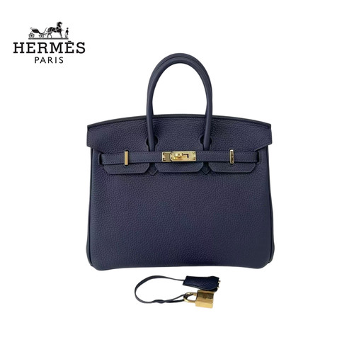 Auth Hermès Birkin 25 Handbag Bleu Nuit Togo Leather Gold Hardware Luxury--