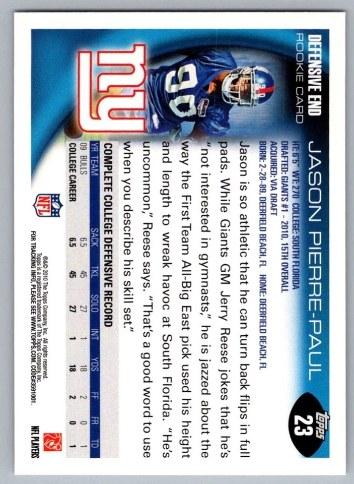 2010 Topps Jason Pierre-Paul Rookie New York Giants #23 - Image 2 of 2
