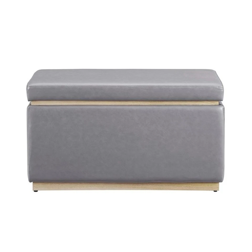 Bowery Hill Rectangle Storage Ottoman Natural Wood Trim in Grey Faux Leather - Image 3 of 4