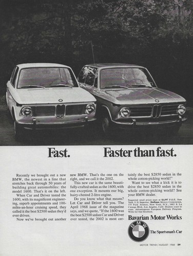1968 BMW Bavaria Ad 1600 2002 Magazine Advertisement Bavarian Motor Works 68