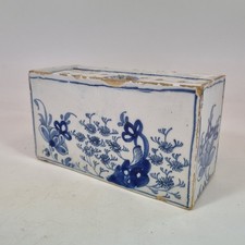 Antique 18thC Delft Blue And White Flower Brick Bristol? Painted Flowers 16cm
