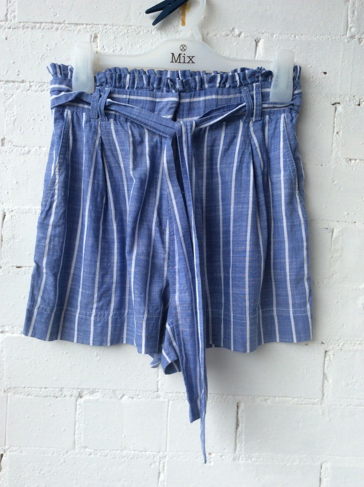 **H&M* Blue & White Striped High Waisted 100% Cotton Shorts W/ Tie Belt, Size 10